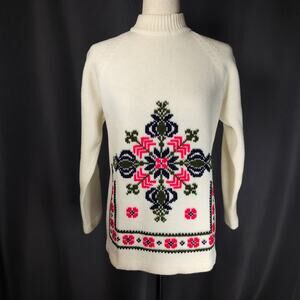 VTG 1960s Knit Mock Neck Sweater Floral Pattern Acrylic Red Blue Green Millay